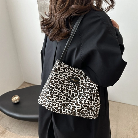 Damen Große Kapazität Leopardenmuster Einkaufstasche Mode Segeltuch Umhängetasche Mit PU Lederriemen Vintage Achseltasche Für Den Täglichen Pendelverkehr