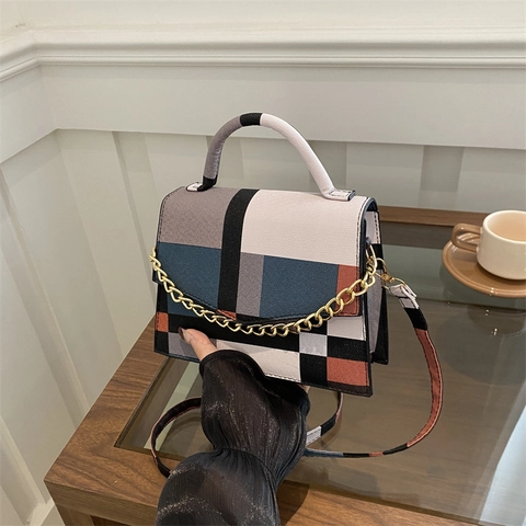 Piccola Borsa Quadrata Donna Design Geometrico Blocchi Di Colore Pelle PU Catena Dorata Manico Superiore
