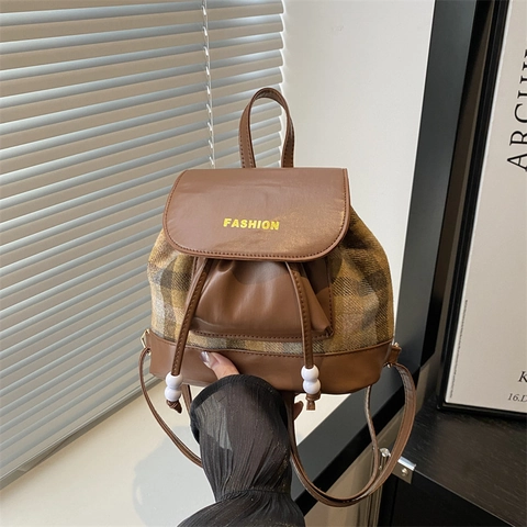Moda Donna Mini Zaino Patchwork a Quadri Pelle PU Borsa a Tracolla Borsa a Secchiello Coulisse Vintage Casual Stile College