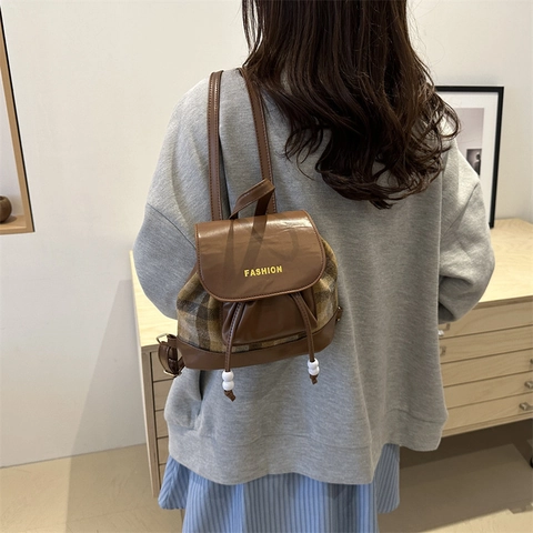 Moda Donna Mini Zaino Patchwork a Quadri Pelle PU Borsa a Tracolla Borsa a Secchiello Coulisse Vintage Casual Stile College