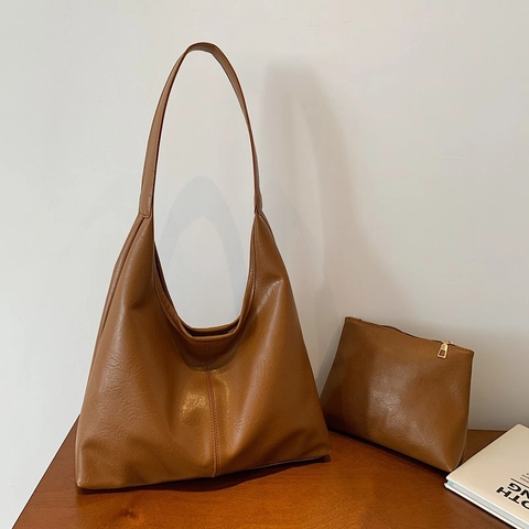 Bolso De Mano De Gran Capacidad De Cuero PU Minimalista Y Estuche Para Mujer Bolso De Hombro Urbano Con Costuras