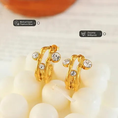 Pendientes De Aro En Forma De C Textura De Lava Irregular Acero De Titanio Con Circonita Vintage Francés