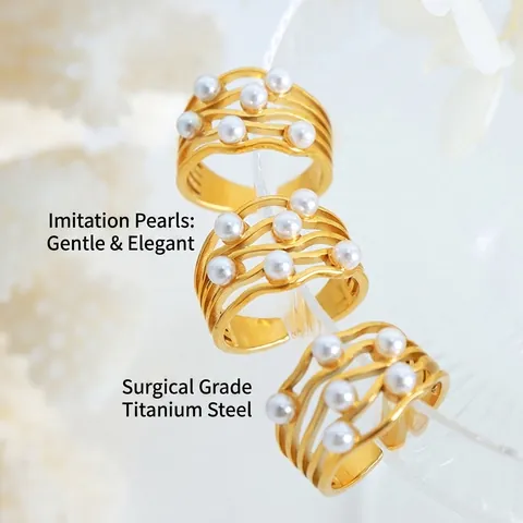 Anello Ondulato Multistrato Vintage Acciaio Al Titanio Placcato Oro Con Perla Artificial Sintetica Gioielli Minimalisti Eleganti