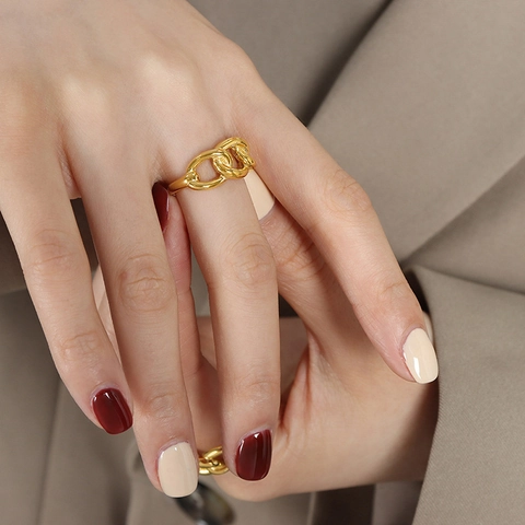 Titanium Stahl Gliederkette Ring 18K Vergoldet Minimalistisch Ineinandergreifend Geometrischer Statement Schmuck Damen Herren