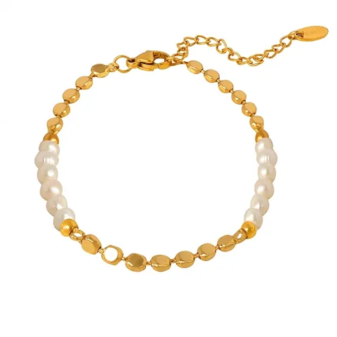 Französisches Chic Glänzendes Messing Kettenarmband Mit Natürlichen Süßwasserperlen Verstellbares Elegantes Schmuckstück Damen
