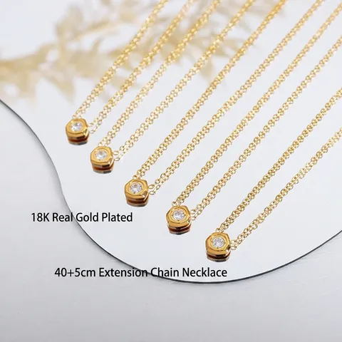 Hexagon Pendant Necklace Titanium Steel 18K Gold Plated Round Zircon Geometric Inlaid Minimalist Jewelry For Women