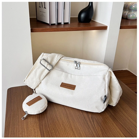 Sac à Épaule Décontracté en Toile pour Femmes Grande Capacité Sac à Main Texture Velours Côtelé Avec Petit Porte Monnaie Rond