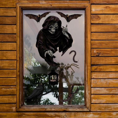 Adesivi per Finestre Statici di Halloween Doppio Lato Scheletro Triste Mietitore Pipistrello Ragno Decorazioni per Casa