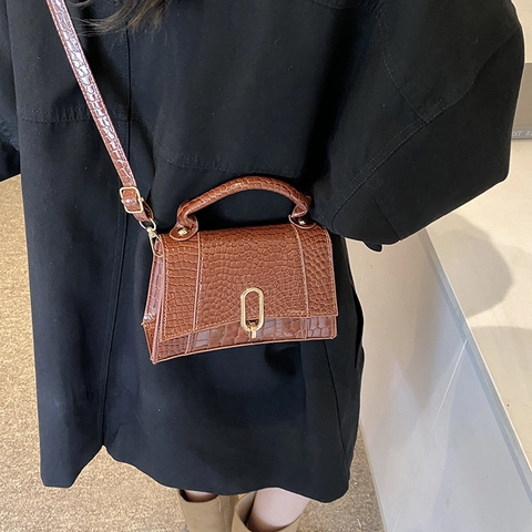 Bolso Cuadrado Pequeño de Cuero PU con Patrón de Cocodrilo para Mujer Bolso de Hombro Cruzado con Asa Superior Herrajes Dorados