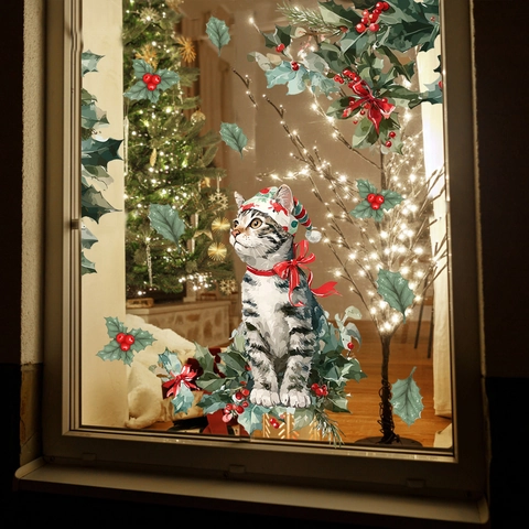 Christmas Window Clings PVC Cat Owl Pattern Holiday Glass Decor Static Stickers Double Sided Visible Home
