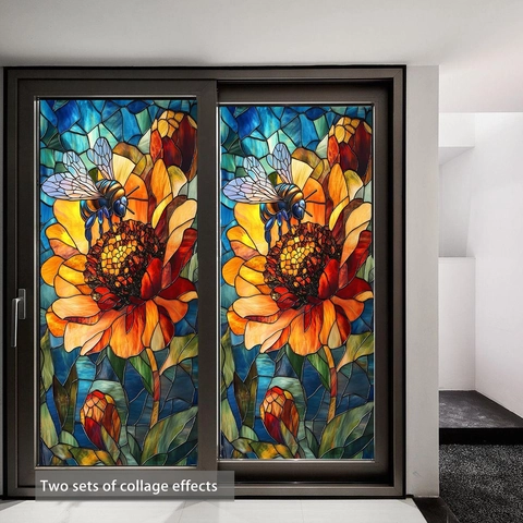 Fensterfolie Buntglas PVC Statische Haftung Aufkleber Doppelseitig Sichtbar Blumen Sonnenblume Muster Sichtschutz Deko
