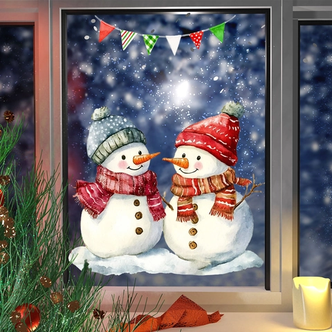 Christmas Wall Decals Double Sided PVC Static Cling Window Stickers Watercolor Snowman Snowflake Home Glass Mirror Decor