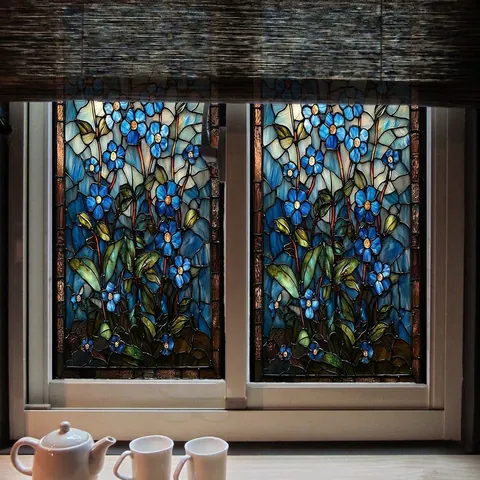 Fensterfolie Buntglas PVC Statische Haftung Aufkleber Doppelseitig Sichtbar Blumen Sonnenblume Muster Sichtschutz Deko