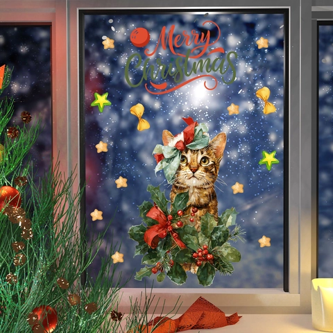 Christmas Window Clings PVC Cat Owl Pattern Holiday Glass Decor Static Stickers Double Sided Visible Home