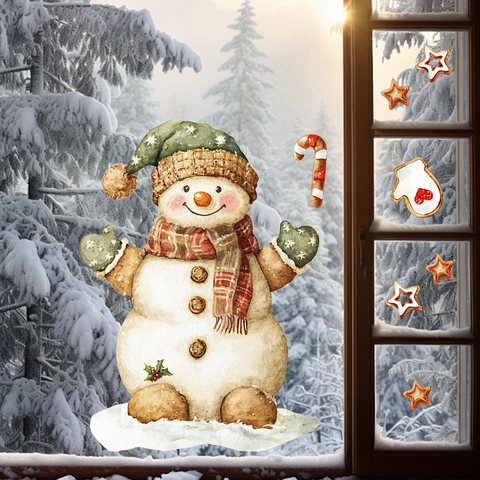 Christmas Wall Decals Double Sided PVC Static Cling Window Stickers Watercolor Snowman Snowflake Home Glass Mirror Decor