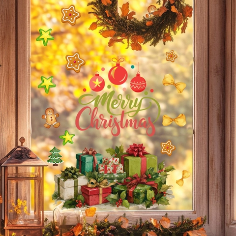 Christmas Window Stickers Gingerbread Man Merry Christmas Wall Decals Double Sided Visible Static Cling PVC Holiday Home Decor