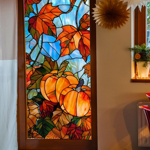 Herbst Kürbis Ahornblatt Fensterbilder Buntglas Stil Statisch Haftende PVC Aufkleber Beidseitig Glas Deko