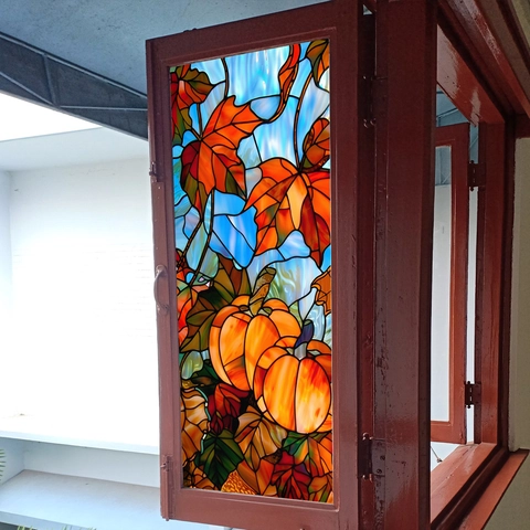 Herbst Kürbis Ahornblatt Fensterbilder Buntglas Stil Statisch Haftende PVC Aufkleber Beidseitig Glas Deko