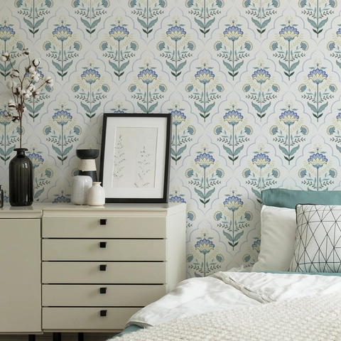 Floral Pattern Wall Sticker PVC-Free Water Activated Self-Adhesive Wallpaper For Living Room Bedroom Background Wall Decor