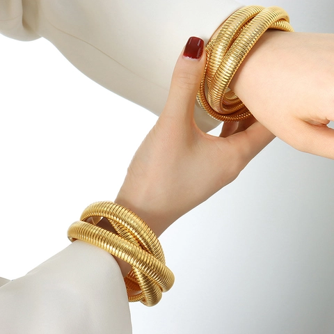 Tubogas Snake Bangle Wrap Bracelet For Women Stainless Steel Layered Elastic Ribbed Textured Gold Plated Elegant