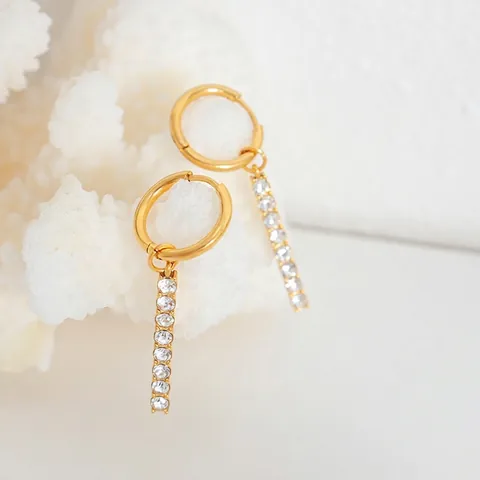 Hoop Dangle Earrings 18K Gold Plated Stainless Steel Long Vertical Bar Zircon Sparkly Geometric Jewelry For Women