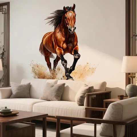 Sticker Mural Créatif Cheval au Galop PVC Auto-Adhésif Imperméable Aquarelle Animal Mural pour Chambre Salon Décoration de Fond Maison