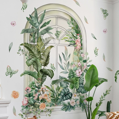 Pegatina de Pared Ventana Falsa de Acuarela Árboles Verdes Flores PVC Removible Autoadesiva Calcomanía Decorativa para Dormitorio Sala
