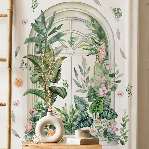 Pegatina de Pared Ventana Falsa de Acuarela Árboles Verdes Flores PVC Removible Autoadesiva Calcomanía Decorativa para Dormitorio Sala