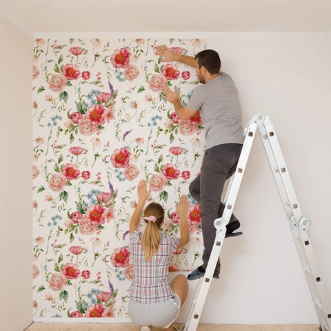 Stickers Muraux Floraux Papier Peint Imperméable Autocollant Motifs Aquarelle Romantiques Pastoraux Pour Décoration Chambre