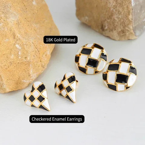 French Vintage Checkerboard Stud Earrings Titanium Steel Gold Plated Enamel Black White Heart Round For Women