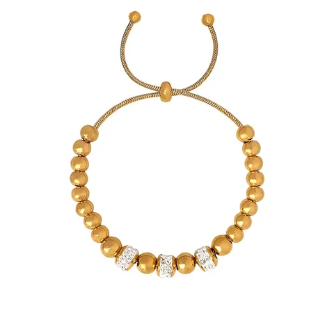 Bracciale A Sfere Regolabile Acciaio Al Titanio Placcato Oro 18K Strass Chiusura A Scorrimento Perle Tonde Lucide Gioielli Da Donna