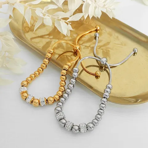 Bracciale A Sfere Regolabile Acciaio Al Titanio Placcato Oro 18K Strass Chiusura A Scorrimento Perle Tonde Lucide Gioielli Da Donna