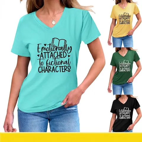 T-Shirt Da Donna Con Scollo A V Manica Corta Misto Cotone Emotionally Attached Stampa Slogan Nodo Laterale Top Casual
