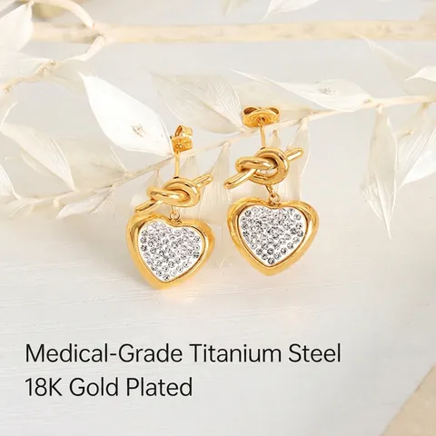 Hart Oorbellen Titanium Staal Knoopontwerp Strass Pavé Elegante Mode Sieraden Accessoire Voor Dames Cadeau