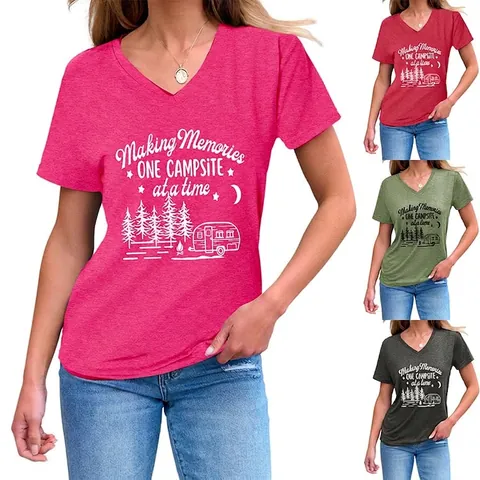T-Shirt Da Donna Con Scollo A V Misto Cotone Casual A Maniche Corte Stampa Tema Campeggio Vestibilità Rilassata Top