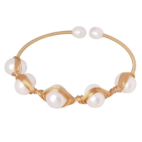 Handmade Brass Wire Wrapped Bangle With Freshwater Pearl Adjustable Elegant Minimalist Jewelry For Women