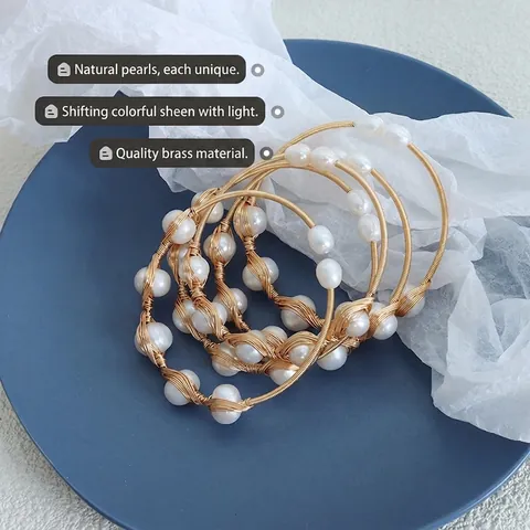 Handmade Brass Wire Wrapped Bangle With Freshwater Pearl Adjustable Elegant Minimalist Jewelry For Women