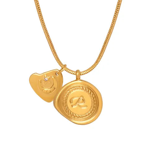 Double Pendant Necklace Titanium Steel Gold Plated Heart Moon Star Letter R Design Rhinestone Snake Chain For Women