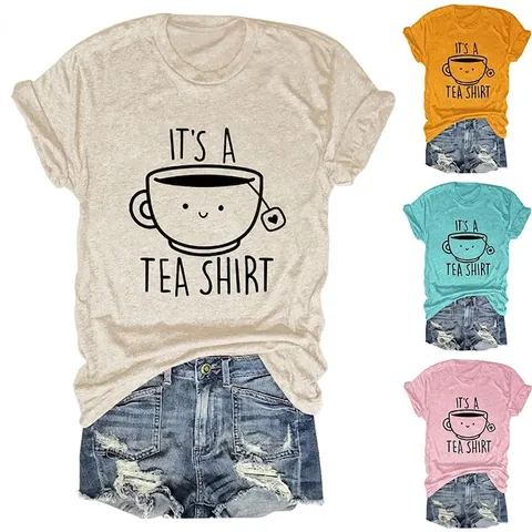 Women T-Shirt Cotton Blend Short Sleeve Round Neck Funny Pun Print Teacup Graphic Casual Vintage Fashion Tee Top