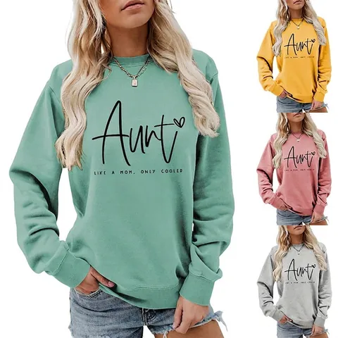 Women Casual Crewneck Sweatshirt Aunt Like A Mom Only Cooler Letter Print Long Sleeve Pullover Cotton Blend Tops
