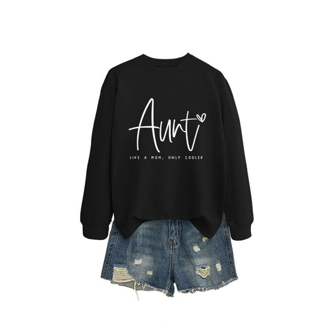 Women Casual Crewneck Sweatshirt Aunt Like A Mom Only Cooler Letter Print Long Sleeve Pullover Cotton Blend Tops
