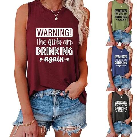Canotta Donna Warning The Girls Are Drinking Again Slogan Girocollo Senza Maniche Misto Cotone Casual Maglia Estiva Ampia