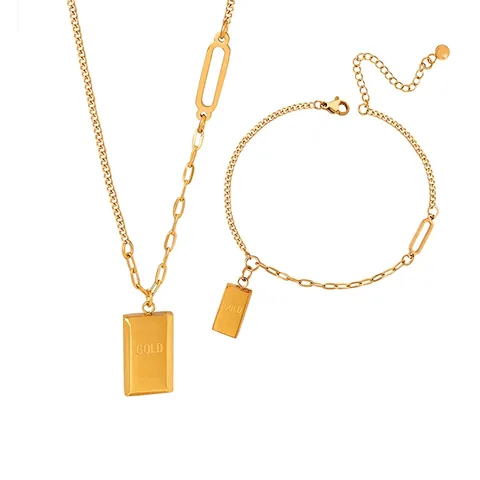 Collier Et Bracelet De Cheville En Acier Titane Plaqué Or 18K Pendentif Carré Gravé GOLD Chaîne Asymétrique Pour Femmes