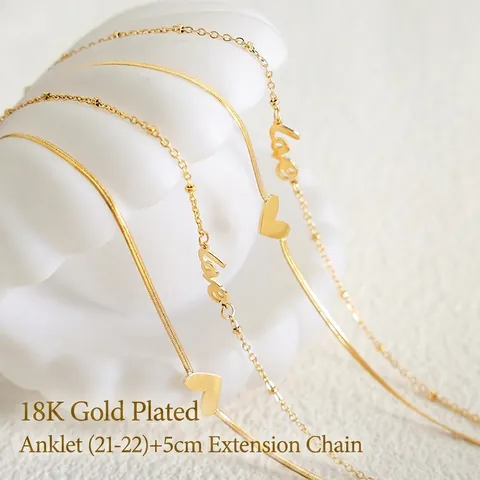 Double Layer Titanium Steel Anklet With Heart And Love Letter Pendant Gold Tone Fashion Jewelry For Women Beach Accessory