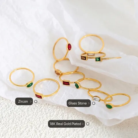 Anello In Acciaio Al Titanio Minimalista Placcato Oro 18K Zircone Colorato Pietra Vetro Geometrico Ovale Rettangolare Donne