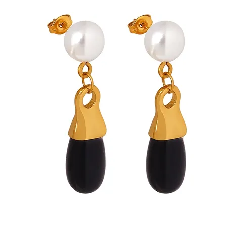 Vintage Teardrop Dangle Earrings With Faux Artificial Pearl And Black Glass Stone Elegant Stainless Steel Minimalist Jewelry Women