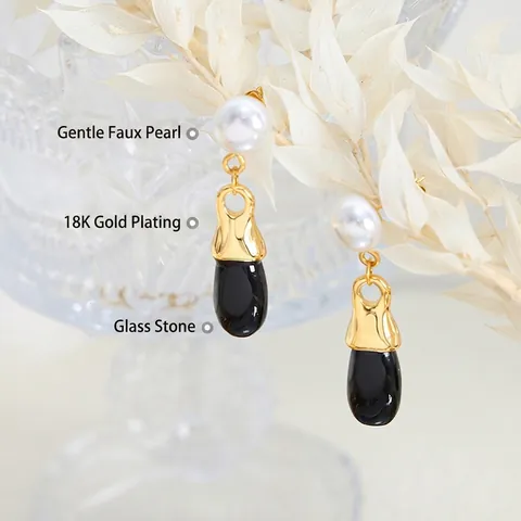 Vintage Teardrop Dangle Earrings With Faux Artificial Pearl And Black Glass Stone Elegant Stainless Steel Minimalist Jewelry Women