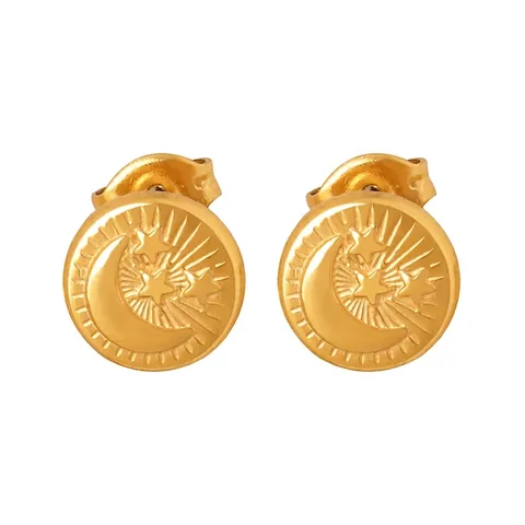 Pendientes De Botón De Moneda Redonda Vintage Acero De Titanio Chapado En Oro De 18K Relieve De Luna Estrella Mujer