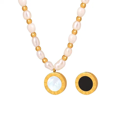 Collana Perle Acqua Dolce Per Donna Con Ciondolo Rotondo Doppia Faccia Numeri Romani Acciaio Inossidabile Placcato Oro