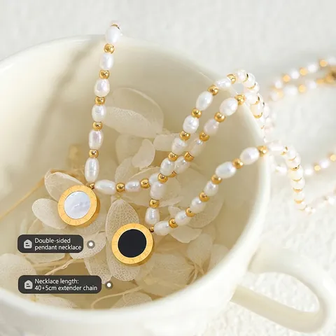 Collana Perle Acqua Dolce Per Donna Con Ciondolo Rotondo Doppia Faccia Numeri Romani Acciaio Inossidabile Placcato Oro